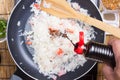 Chef putting soy sauce for cooking rice Royalty Free Stock Photo