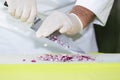 Chef removes onion dice from a knife Royalty Free Stock Photo