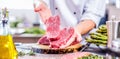 Chef cutting and cooking meat in the restaurant kitchen Royalty Free Stock Photo