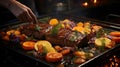 Chef in restaurant kitchen cooking preparing beef steak