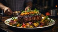 Chef in restaurant kitchen cooking preparing beef steak