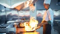 Chef in restaurant kitchen at stove and pan cooking flambe on food Royalty Free Stock Photo