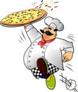 Chef running with pizza