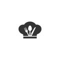 Chef`s cap with fork, spoon and knife cooking concept vector monogram.