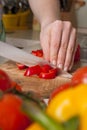 Chef's hands cutting vegetables.