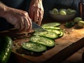 Chef\'s hands cutting vegetables on a wooden cutting board