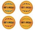 CHEF`S SPECIALS text, on round wavy border vintage, stamp badge. Royalty Free Stock Photo