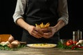 Chef salting in the envelope french fries ready, on the background with vegetables. Cooking tasty but harmful food. Background for Royalty Free Stock Photo