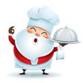 Chef Santa Claus showing a perfect gesture with a serving tray