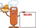 Chef Sausage Cartoon Character Carrying A Hot Dog, French Fries And Cola Next To Menu Board