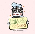 Chef School funny mascot panda in chef hat. Cooking school young chefs banner. Culinary lesson for little cooks sign Royalty Free Stock Photo