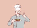 Chef Serving Food Happy Cook Man Holding Plate show a thumbs up simple korean style illustration