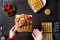 Chef serving freshly made waffle dessert Royalty Free Stock Photo