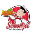 Chef serving german or austrian dish schnitzel mit pommes