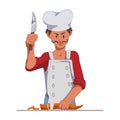 Chef with a sharp knife slice the carrots. Cooking vegetarian dish or salad. Cartoon Character isolated on whit Royalty Free Stock Photo