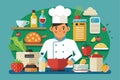 A chef skillfully combines fresh ingredients while surrounded by various kitchen items, creating a vibrant cooking atmosphere Royalty Free Stock Photo