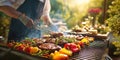 The chef skillfully grilling meat and vegetables in a vibrant outdoor setting. AI generated image Royalty Free Stock Photo