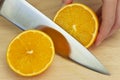 Chef Slicing Fresh Orange With Sharp Kitchen Knife Royalty Free Stock Photo