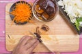 Chef slicing mushroom for cooking Royalty Free Stock Photo