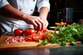 a chef slicing tomatoes for bruschetta