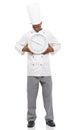 Chef, smile and man with clock for time, speed or deadline isolated on white studio background. Cooking professional Royalty Free Stock Photo