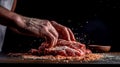 The chef sprinkles raw meat with spices, generative AI.
