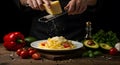 Chef Sprinkling Cheese on PastaClose-up of a chef adding grated cheese to a fresh pasta dish Royalty Free Stock Photo