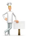 Chef stands beside the blank board