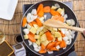 Chef stir-fried vegetable in the pan for cooking Japanese pork c Royalty Free Stock Photo