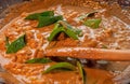 A chef stirs a creamy sauce of a Thai red chicken curry. Royalty Free Stock Photo