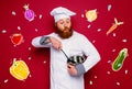 Chef is surprised about a new creative recipe Royalty Free Stock Photo