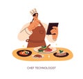 Chef technologist, cook creating recipe, making and checking menu, restaurant dishes. Kitchen worker, culinary