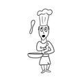 Chef throwing a pancake on a pan.