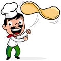 Cartoon chef throwing a pizza dough. Vector illustration