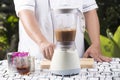 Chef turn on switch blender Royalty Free Stock Photo