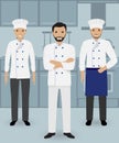 Chef and two cook in uniform standing together on a kitchen background. Cooking people characters.