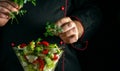 A chef in uniform adds fresh parsley to a vegetable salad for lunch. The concept of preparing a vegetarian dish in a restaurant Royalty Free Stock Photo