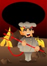 Chef in uniform devil with pitchfork. Royalty Free Stock Photo