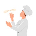 Chef in the uniform spinning pizza dough on the finger. Cook tasty delicious italian food on kitchen. Meal preparation