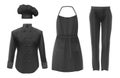 Chef uniforms. Culinary clothing black hat tunic apron pants with a nameplate icon set illustration. Professional suit