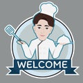 Chef welcome label with blue banner flat design - vector illustration