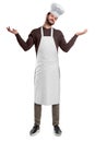 Chef with white apron and hat raising hands isolated on white background