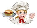 Chef Woman Cartoon Character Holding Burger