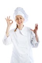 Chef woman giving a Perfect gesture with hand.