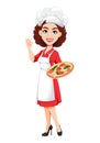 Chef woman holding pizza. Cook lady Royalty Free Stock Photo