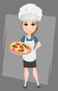 Chef woman holding tasty Italian pizza. Cute cartoon character cook.