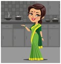 Indian woman in kitchen making food wearing a traditional saree outfit - Vector Royalty Free Stock Photo