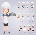 Chef woman set. Cute cartoon character cook. Royalty Free Stock Photo