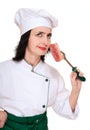 Chef woman smell stale meat chunk Royalty Free Stock Photo