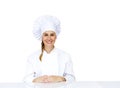 Chef woman smiling. Isolated over white background Royalty Free Stock Photo